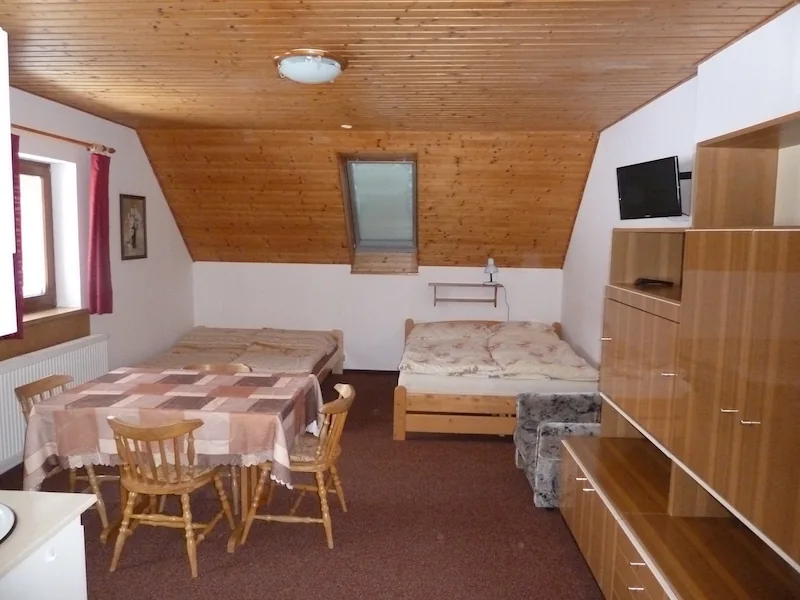 Podkrovní pokoj s dřevěným stropem